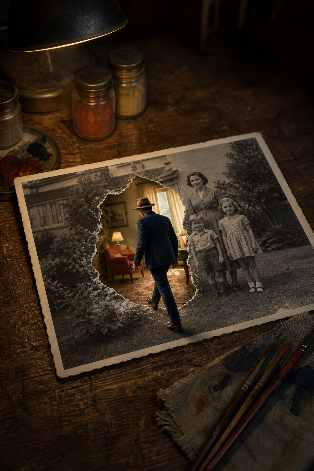 COLOURISED cover concept: Charlie steps from a black-and-white family photograph into a room alive with colour
