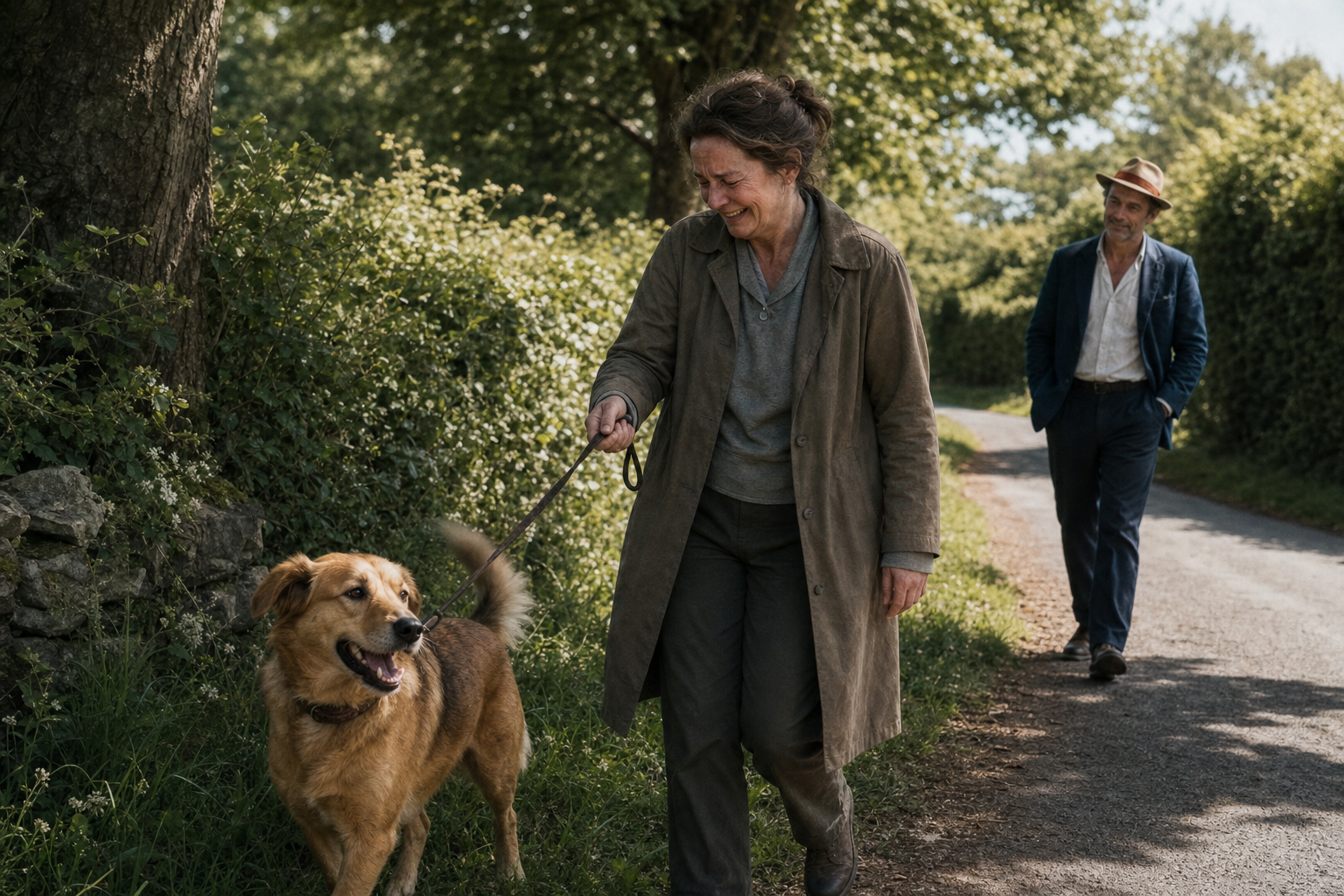 Helen laughs as she walks Bertie again along their familiar summer lane, with Charlie following quietly behind