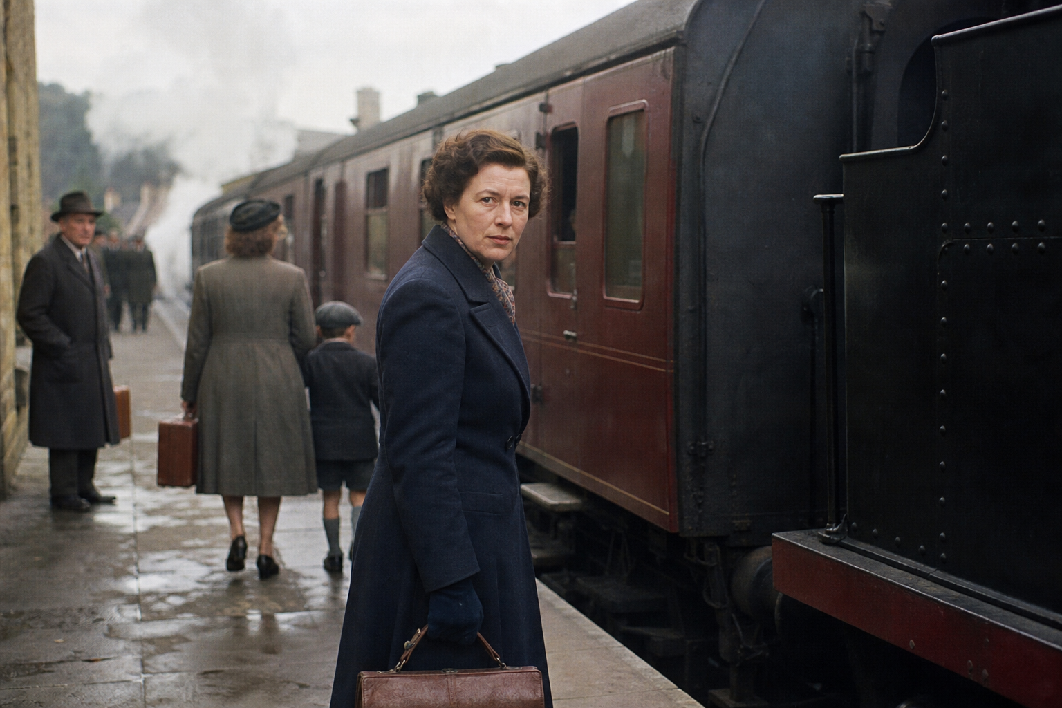 A woman at a railway station turns as though she recognises someone beyond the photograph